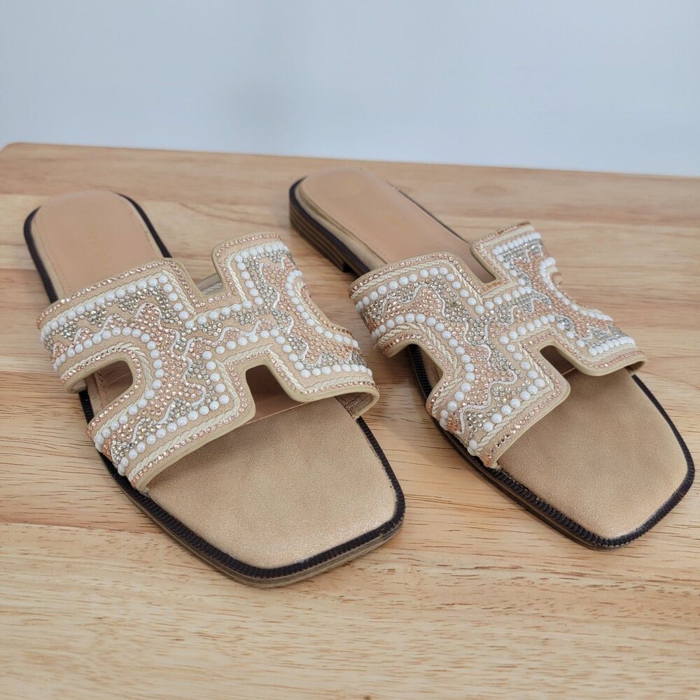 Madden Girl Hally Womens 8.5 Beige Embellished Low Block Heel Slide Sandals